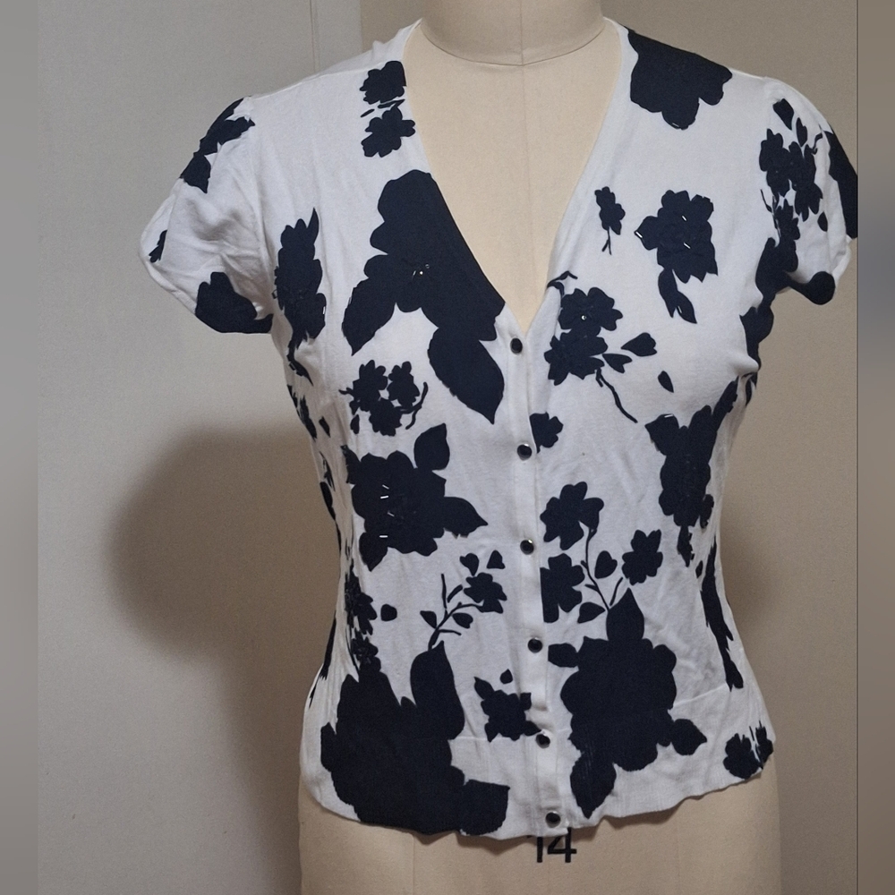 Cato Black and White Fitted Button Down Sweater with Beading Size XL